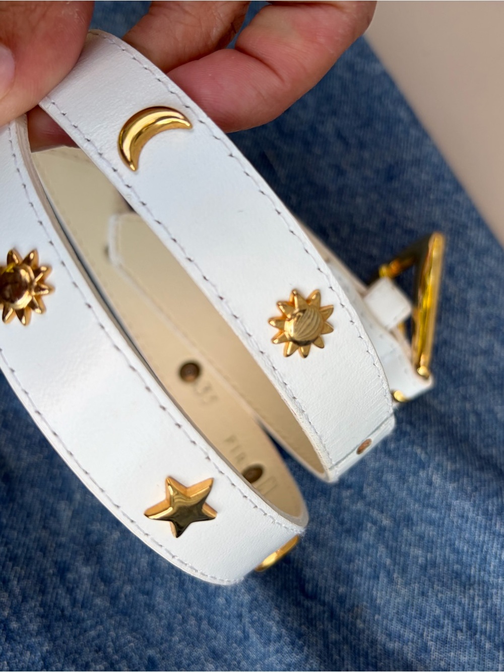 White Leather Celestial Gold tone Stud Belt Hardware vintage